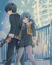  1boy 1girl ai_the_somnium_files ai_the_somnium_files:_nirvana_initiative black_gloves black_hair black_pants blue_eyes braid buttons closed_mouth collared_shirt commentary feet_out_of_frame fence gloves gun hair_between_eyes heterochromia holding holding_gun holding_weapon jacket long_hair long_sleeves necktie okiura_mizuki open_clothes open_jacket pants pantyhose red_necktie ryuki_kuruto shirt short_hair sideways_glance sleeveless sleeveless_jacket sleeves_past_wrists standing symbol-only_commentary twin_braids twintails weapon yashi_ur yellow_eyes 