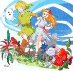  1boy 1girl belt blonde_hair blue_dress blue_eyes boots brown_belt brown_eyes brown_footwear dress egg flower ghost ghost_by_the_bay_(link&#039;s_awakening) gold_bracelet green_tunic hibiscus highres holding_hands link long_hair mari-mason marin_(the_legend_of_zelda) mountain mouse open_mouth orange_hair palm_tree photographer_(link&#039;s_awakening) pointy_ears red_flower sandals short_sleeves sidelocks the_legend_of_zelda the_legend_of_zelda:_link&#039;s_awakening tree 