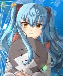  1girl animal_ears blue_background blue_hair blue_sky closed_mouth confetti eiyuu_densetsu fake_animal_ears ferris_wheel hair_between_eyes hajimari_no_kiseki long_sleeves looking_at_viewer mishy object_hug orange_eyes outdoors sen_no_kiseki sky smile solo stuffed_animal stuffed_toy tio_plato twintails two_side_up upper_body zer00han 