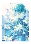  1girl blue_eyes blue_hair blue_theme blurry commentary depth_of_field flower from_side hagimorijia highres original parted_lips profile short_hair signature solo symbol-only_commentary upper_body water_drop 