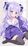  1girl absurdres amamiya_shizuku_(hizuki_yayoi) animal animal_ears animal_hood bare_shoulders blue_bow blue_eyes blue_hair blue_jacket blush bow chinchilla_(animal) collarbone commentary_request double_bun fake_animal_ears grey_thighhighs hair_between_eyes hair_bow hair_bun hand_up highres hizuki_yayoi hood hood_down hooded_jacket jacket long_hair long_sleeves looking_at_viewer no_shoes off_shoulder original parted_lips puffy_long_sleeves puffy_sleeves shirt sitting sleeves_past_wrists solo thigh-highs two_side_up v very_long_hair wariza wavy_mouth white_shirt window 