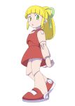  1girl :o absurdres android bare_arms bare_shoulders blonde_hair blunt_bangs dress female_child flat_chest full_body green_eyes green_ribbon hair_ribbon highres joints long_hair looking_to_the_side mega_man_(classic) mega_man_(series) open_mouth ponytail powerhamuhamu red_dress red_footwear ribbon robot_joints roll_(mega_man) shoes sidelocks simple_background solo white_background 