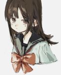  1girl 6nemua black_sailor_collar bow bowtie brown_hair closed_mouth cropped_torso highres long_hair looking_at_viewer original red_bow red_bowtie red_eyes sailor_collar school_uniform serafuku simple_background single_tear sketch solo white_background white_serafuku 