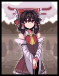  1girl ascot bare_shoulders black_hair blush bow closed_mouth detached_sleeves formicid frilled_skirt frills hair_between_eyes hair_bow hair_tubes hakurei_reimu looking_at_viewer red_bow red_eyes red_skirt ribbon-trimmed_sleeves ribbon_trim short_hair sidelocks skirt solo touhou upper_body white_sleeves wide_sleeves yellow_ascot 