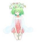  1girl aged_down closed_eyes commentary_request dress floating_crown flower green_hair hands_on_own_thighs head_wreath kazami_yuuka kneeling light_smile plaid plaid_dress red_dress s-a-murai see-through_shawl shawl short_hair solo thighs touhou white_background 