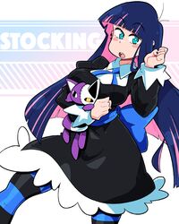  1girl aqua_eyes back_bow black_dress black_nails blue_bow blue_hair blunt_bangs blunt_ends blush bow bright_pupils character_name colored_inner_hair dress feet_out_of_frame highres long_sleeves looking_at_viewer multicolored_hair open_mouth panty_&amp;_stocking_with_garterbelt pink_hair scott_malin solo stocking_(psg) stuffed_animal stuffed_toy two-tone_hair white_pupils 