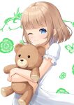  1girl 7fuji_06 blue_eyes blunt_bangs blush brown_hair bug butterfly dress flower highres holding holding_stuffed_toy looking_at_viewer one_eye_closed original short_hair short_sleeves smile solo stuffed_animal stuffed_toy teddy_bear upper_body 