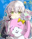  1girl altina_orion blue_background blush bow confetti eiyuu_densetsu ferris_wheel green_eyes hair_between_eyes hajimari_no_kiseki long_hair long_sleeves looking_at_viewer mishette object_hug outdoors parted_lips sen_no_kiseki solo stuffed_animal stuffed_toy white_hair yellow_bow zer00han 