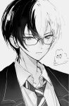  1boy amin_(aminblue) aoyagi_touya bespectacled closed_mouth collared_shirt glasses hair_between_eyes highres kamiyama_high_school_uniform_(project_sekai) lapels looking_at_viewer male_focus mole mole_under_eye monochrome multicolored_hair necktie notched_lapels open_collar project_sekai school_uniform shirt short_hair solo split-color_hair striped_necktie two-tone_hair upper_body 