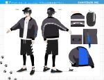 1boy axia_krone axia_krone_(3rd_costume) baseball_cap black_footwear black_hair black_headwear black_jacket black_shorts blue_eyes character_name closed_mouth clothes_writing collarbone copyright_name hat highres jacket jewelry looking_at_viewer lowro_(en) nail_polish necklace nijisanji official_art open_clothes open_jacket paw_print reference_sheet shirt shoes shorts smile white_shirt zipper zipper_pull_tab 