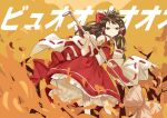  1girl absurdres bow broom brown_eyes brown_hair closed_mouth commentary_request detached_sleeves feet_out_of_frame hair_bow hair_tubes hakurei_reimu highres holding holding_broom kyoufuu_all_back_(vocaloid) looking_at_viewer orange_background red_bow red_skirt ribbon-trimmed_sleeves ribbon_trim sidelocks skirt solo standing touhou usayoshi_(touhopu2) wide_sleeves 
