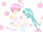 2girls antenna_hair aqua_hair blunt_bangs flower from_side hagoromo_lala hair_between_eyes highres hoshina_hikaru multiple_girls pastel_colors pink_hair precure rose short_hair star_twinkle_precure twintails very_short_hair wedding yume_kawaii yumekawa_vam yuri