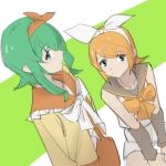  2girls a.i._voice arm_warmers bare_shoulders blonde_hair bow bow_hairband collar collared_shirt dress dutch_angle expressionless from_above green_background green_eyes green_hair grey_collar gumi gumi_(a.i._voice) hair_bow hair_ornament hairband hairclip kagamine_rin kagamine_rin_(vocaloid4) looking_at_viewer multiple_girls neck_ribbon neckerchief orange_bow orange_collar orange_dress ribbon sailor_collar shirt short_hair shorts sitting sketch sleeveless sleeveless_shirt smile standing swept_bangs trait_connection upturned_eyes v4x vest vocaloid white_bow white_ribbon white_shirt white_shorts wounds404 yellow_neckerchief yellow_vest 
