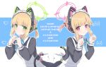  2girls :3 alternate_costume animal_ear_headphones animal_ears apron back_bow blonde_hair blue_archive blunt_bangs blush bow cat_ear_headphones cat_tail collared_dress dress english_text enmaided fake_animal_ears green_eyes halo headphones heart heart_hands highres long_sleeves maid maid_headdress midori_(blue_archive) momoi_(blue_archive) multiple_girls neck_ribbon paw_pose pink_eyes ponytail prst_pictuer ribbon siblings sisters smile tail 