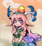  1girl animal_ears antlers bare_shoulders blonde_hair blue_eyes breasts centaur closed_mouth clouds colored_skin flower hair_between_eyes hair_ornament horse_ears horse_girl league_of_legends lillia_(league_of_legends) long_hair looking_up multicolored_hair orange_background phantom_ix_row pink_hair shan_hai_scrolls_lillia smile solo taur two-tone_hair white_flower 