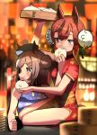  2girls alternate_costume alternate_hairstyle animal_ears baozi blurry blurry_background blurry_foreground brown_hair chinese_clothes commentary_request detached_sleeves double_bun eating food hair_bun highres horse_ears horse_tail looking_at_another looking_at_viewer matikane_tannhauser_(umamusume) multiple_girls nice_nature_(umamusume) official_alternate_costume redhead sitting tail takuan_(taku1219oekaki) umamusume 