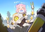  1girl after_battle animal_ears blue_archive blue_bow blush bow cat_ears cat_tail chibi closed_eyes crying detached_wings happy hod_(blue_archive) long_hair mecha mika_(blue_archive) pink_hair robot smile tail urode wings 