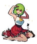  1girl adapted_costume armpits arms_up ascot bare_arms bare_legs breasts commentary_request crossed_bangs full_body green_hair hair_between_eyes highres iganashi1 kazami_yuuka large_breasts light_smile looking_to_the_side parted_lips plaid plaid_skirt red_eyes red_skirt simple_background sitting skirt solo teeth touhou wariza white_background yellow_ascot 