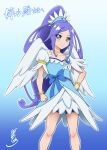  1girl angel_wings bike_shorts bike_shorts_under_skirt blue_background blue_bow blue_dress blue_eyes blue_hair blue_skirt bow bracelet brooch choker collarbone commission crystal_earrings cure_diamond dokidoki!_precure dress earrings feather_hair_ornament feathered_wings feathers gradient_background hair_ornament heart heart_brooch highres hishikawa_rikka jewelry kijinaka_mahiro long_hair looking_at_viewer magical_girl ponytail precure puffy_short_sleeves puffy_sleeves short_sleeves signature skeb_commission skirt smile solo very_long_hair white_background wings 