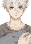  1boy blue_lock bright_pupils commentary_request grey_eyes grey_sweater hair_between_eyes looking_at_viewer male_focus nagi_seishirou nori20170709 object_hug short_hair simple_background solo sweater twitter_username white_background white_hair white_pupils 