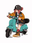  1girl baseball_cap black_eyes black_headwear black_jacket blue_shorts buttons denim denim_shorts full_body hair_bun hat jacket long_sleeves looking_at_viewer motor_vehicle multicolored_clothes multicolored_jacket nao97122 on_scooter open_clothes open_jacket orange_footwear orange_jacket orange_sleeves original red_socks redhead scooter shirt shoes shorts simple_background sitting sneakers socks solo streetwear twintails two-tone_jacket white_background white_shirt 