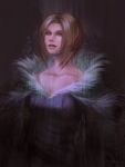  1girl benedikta_harman blonde_hair energy facing_viewer final_fantasy final_fantasy_xvi fur_collar fur_trim highres leather leather_vest looking_at_viewer low_neckline short_hair solo square_enix standing thatfirstspark upper_body yellow_eyes 