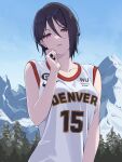  1girl ball bang_dream! basketball basketball_(object) basketball_jersey basketball_uniform black_hair breasts denver_nuggets forest hair_between_eyes highres large_breasts looking_at_viewer mountain national_basketball_association nature nikola_jokic open_mouth pink_eyes short_hair solo sportswear standing violet_eyes yashio_rui yazawa_happyaro 