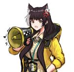  1girl anger_vein animal_ear_fluff animal_ears black_hair blush brown_shirt collared_shirt commentary girls_frontline grey_hair hair_over_shoulder heterochromia highres holding hood hood_down hooded_jacket jacket long_hair long_sleeves looking_at_viewer low_twintails megaphone multicolored_hair open_clothes open_jacket open_mouth red_eyes rennn_(ilobeste) ro635_(girls&#039;_frontline) shirt simple_background solo streaked_hair sweater_vest symbol-only_commentary twintails upper_body v-shaped_eyebrows very_long_hair white_background yellow_eyes yellow_jacket 
