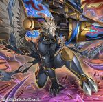  1boy arm_support armor bird_boy black_bodysuit bodysuit claw_(weapon) commentary duel_monster feathered_wings half_mask highres holding holding_weapon hucydin looking_at_viewer male_focus mask on_one_knee plague_doctor_mask single_wing spiky_hair torn_clothes tri-brigade_arms_bucephalus_ii tri-brigade_shuraig_the_ominous_omen twitter_username weapon white_hair wings yu-gi-oh! 