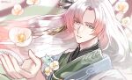  1boy camellia chinese_clothes expressionless flower gradient_hair green_eyes green_ribbon green_robe h_haluhalu415 hair_flower hair_ornament hair_ribbon hand_up hanfu jacket long_hair longjing_shrimp_(the_tale_of_food) looking_at_viewer male_focus multicolored_hair parted_bangs parted_lips pink_hair ribbon robe solo the_tale_of_food upper_body white_flower white_hair white_jacket 