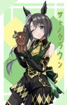  #money 1girl ;) absurdres animal_ears black_gloves black_hair black_pantyhose black_shorts character_name character_request ear_ornament gloves green_eyes green_sweater highres horse horse_ears horse_girl long_hair looking_at_viewer multicolored_hair one_eye_closed pantyhose ribbed_sweater satono_crown_(umamusume) shorts side_ponytail sleeveless sleeveless_sweater smile solo streaked_hair suspender_shorts suspenders sweater umamusume white_hair 