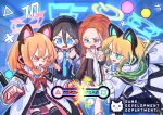  4girls animal_ear_headphones animal_ears aris_(blue_archive) black_hair blonde_hair blue_archive blue_eyes blue_necktie cat_ear_headphones double_popsicle fake_animal_ears food game_development_department_(blue_archive) green_eyes halo headphones hexaa highres holding_popsicle jacket midori_(blue_archive) momoi_(blue_archive) multiple_girls necktie open_clothes open_jacket open_mouth pink_eyes popsicle redhead school_uniform siblings sisters teeth thigh-highs tie_clip twins upper_teeth_only violet_eyes yuzu_(blue_archive) 