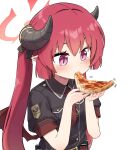  1girl absurdres aiguillette blue_archive demon_horns demon_wings eating food hair_ribbon halo highres holding holding_food holding_pizza horns junko_(blue_archive) long_hair necktie pizza pizza_slice pointy_ears red_eyes red_necktie redhead ribbon shey_kr short_sleeves simple_background solo twintails upper_body violet_eyes white_background wings 