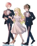  1girl 2boys absurdres aqua_eyes arm_behind_back black_bow black_bowtie black_footwear black_hair black_pants blonde_hair bow bowtie breast_pocket closed_eyes closed_mouth commentary_request dress ensemble_stars! facing_another formal full_body hair_between_eyes high_heels highres holding_hands itsuki_shu jacket kagehira_mika lapels long_hair looking_at_another mademoiselle_(ensemble_stars!) multiple_boys open_clothes open_jacket open_mouth pants pink_hair pocket short_bangs short_hair short_sleeves valkyrie_(ensemble_stars!) vest violet_eyes wednesday_108 white_background white_dress yellow_eyes 