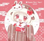  1girl animal_ears blush brown_kimono happy_new_year highres japanese_clothes kimono nana_(harebiyorinana) original rabbit rabbit_ears rabbit_girl red_eyes red_ribbon ribbon white_fur white_hair 