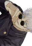  1boy blue_eyes commentary_request gojou_satoru hand_on_own_face jujutsu_kaisen long_sleeves looking_at_viewer lower_teeth_only male_focus nori20170709 open_mouth short_hair simple_background solo teeth twitter_username upper_body white_background white_hair 