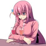 1girl absurdres arm_rest blue_eyes bocchi_the_rock! breasts comedy cube_hair_ornament cup drinking_straw drinking_straw_in_mouth gotou_hitori hair_ornament highres hinghoi jacket large_breasts lonely long_hair looking_down pink_hair pink_jacket side_ahoge sitting solo tears track_jacket upper_body very_long_hair wavy_mouth