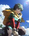  129akopricot 1boy absurdres backpack bag belt belt_pouch between_legs blue_sky blurry bodysuit boku_no_hero_academia cape cel_shading chromatic_aberration clouds commentary day depth_of_field eyebrows_hidden_by_hair falling_leaves feet_out_of_frame floating_cape floating_clothes floating_hair freckles gloves green_bodysuit green_eyes green_hair hair_between_eyes hand_between_legs highres leaf lens_flare light light_rays looking_at_viewer looking_to_the_side male_focus midoriya_izuku official_alternate_costume outdoors parted_lips pouch red_belt shadow short_hair sidelighting signature sitting sitting_on_wall sky solo spoilers sunlight symbol-only_commentary torn_cape torn_clothes torn_sleeves turning_head utility_belt v_arms white_gloves wind yellow_bag yellow_cape 