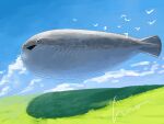  animal animal_focus blue_sky clouds cloudy_sky day field fish floating grass highres mori_hisato no_humans open_mouth original outdoors oversized_animal sacabambaspis scenery sky triangle_mouth 