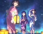  3girls arm_up beaky45779868 black_hair blue_hair blunt_bangs blurry blurry_background blush bow breasts collarbone dot_nose flat_chest floral_print flower fujiwara_hajime hair_between_eyes hair_bow hair_flower hair_ornament hand_up hands_up highres holding holding_lantern holding_tanzaku idolmaster idolmaster_cinderella_girls idolmaster_cinderella_girls_starlight_stage japanese_clothes kimono lantern lantern_on_liquid long_hair long_sleeves looking_at_another medium_breasts multiple_girls night obi open_mouth paper_lantern pink_kimono print_kimono purple_kimono red_eyes sajo_yukimi sash short_hair side_ponytail sky smile star_(sky) starry_sky takafuji_kako violet_eyes wading white_kimono wide_sleeves yellow_eyes 