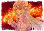  1girl crescent crescent_hat_ornament dated fire frilled_sleeves frills hat hat_ornament long_hair long_sleeves looking_at_viewer magic mob_cap painting_(medium) patchouli_knowledge purple_hair shiroma_(mamiko) solo touhou traditional_media watercolor_(medium) 