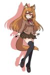  1girl animal_ear_fluff animal_ears black_thighhighs blazer bow breasts brown_footwear brown_hair brown_jacket brown_skirt closed_mouth collared_shirt colored_shadow commentary_request commission dress_shirt drop_shadow glasses hair_between_eyes highres jacket long_hair long_sleeves looking_at_viewer muu_(mumumer) orange_eyes original over-rim_eyewear pleated_skirt red-framed_eyewear red_bow semi-rimless_eyewear shadow shirt shoes simple_background skeb_commission skirt small_breasts smile solo tail thigh-highs very_long_hair white_background white_shirt 