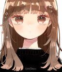  1girl amt_sn blush brown_eyes brown_hair earrings expressionless highres jewelry long_hair looking_at_viewer original solo straight-on stud_earrings sweater upper_body 