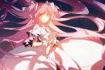  1girl black_background closed_mouth commentary_request dated dress goddess_madoka highres interlocked_fingers kaname_madoka long_hair looking_at_viewer mahou_shoujo_madoka_magica noria_hpna own_hands_together pink_hair short_sleeves signature simple_background smile solo very_long_hair white_dress wrist_cuffs yellow_eyes 