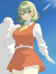  1girl absurdres blue_sky breasts clouds collared_shirt commentary cowboy_shot green_hair highres kazami_yuuka large_breasts long_sleeves looking_at_viewer miniskirt necktie open_mouth outdoors red_eyes red_skirt red_vest shirokumall shirt short_hair skirt sky solo standing touhou vest white_shirt yellow_necktie 