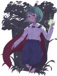 1girl antennae cape closed_mouth collared_shirt commentary cropped_legs fireflies green_eyes green_hair highres long_sleeves looking_at_viewer shirt short_hair smile solo touhou white_shirt wriggle_nightbug yozakura223 