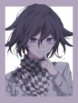  1boy black_hair chain checkered_clothes checkered_scarf closed_mouth danganronpa_(series) danganronpa_v3:_killing_harmony flipped_hair grey_background grey_jacket hair_between_eyes hand_up highres index_finger_raised jacket long_sleeves male_focus oma_kokichi pink_eyes portrait pote_(pote_39) scarf signature smile solo white_background 