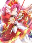  1girl akagi_towa bow bow_(music) choker clear_glass_(mildmild1311) closed_eyes cure_scarlet earrings go!_princess_precure highres holding holding_instrument instrument jewelry long_hair magical_girl pink_hair pointy_ears precure quad_tails red_sleeves redhead smile solo very_long_hair violin waist_bow white_background 