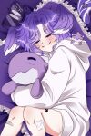  bandaid bandaid_on_leg blooorion blush cellphone commentary dragoon_(selen_tatsuki) fang frilled_pillow frills head_wings highres hood hoodie long_hoodie lying nijisanji nijisanji_en on_side phone pillow purple_hair purple_wings selen_tatsuki short_hair sleeping smartphone stuffed_animal stuffed_dragon stuffed_toy symbol-only_commentary virtual_youtuber white_hoodie wings 