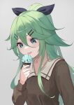  1girl :p alternate_costume black_ribbon blush brown_sailor_collar brown_shirt eating food green_eyes green_hair grey_background hair_between_eyes hair_flaps hair_ornament hair_ribbon hairclip highres holding holding_food holding_ice_cream ice_cream ice_cream_cone kantai_collection long_hair long_sleeves ribbon sailor_collar shirt simple_background smile solo tongue tongue_out yamakaze_(kancolle) yuu+ 